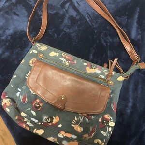 Floral Canvas Shoulder Bag with Brown Accents